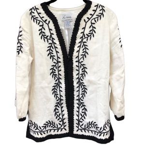 Linea XS Cream Black Embroiderd Linen Open Jacket Classic Lined Side Slit Blazer